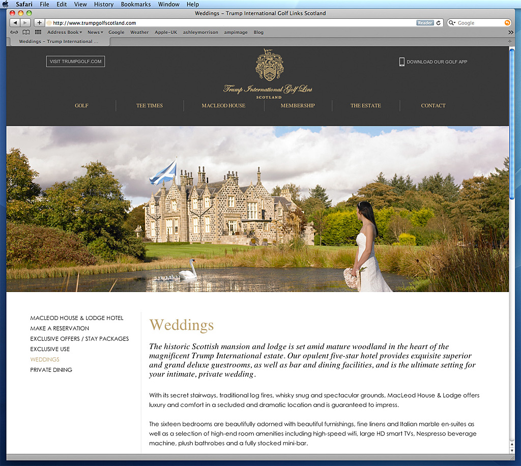 Screen shot of the Weddings page on the website of Trump International Golf Links hotel in Scotland.
