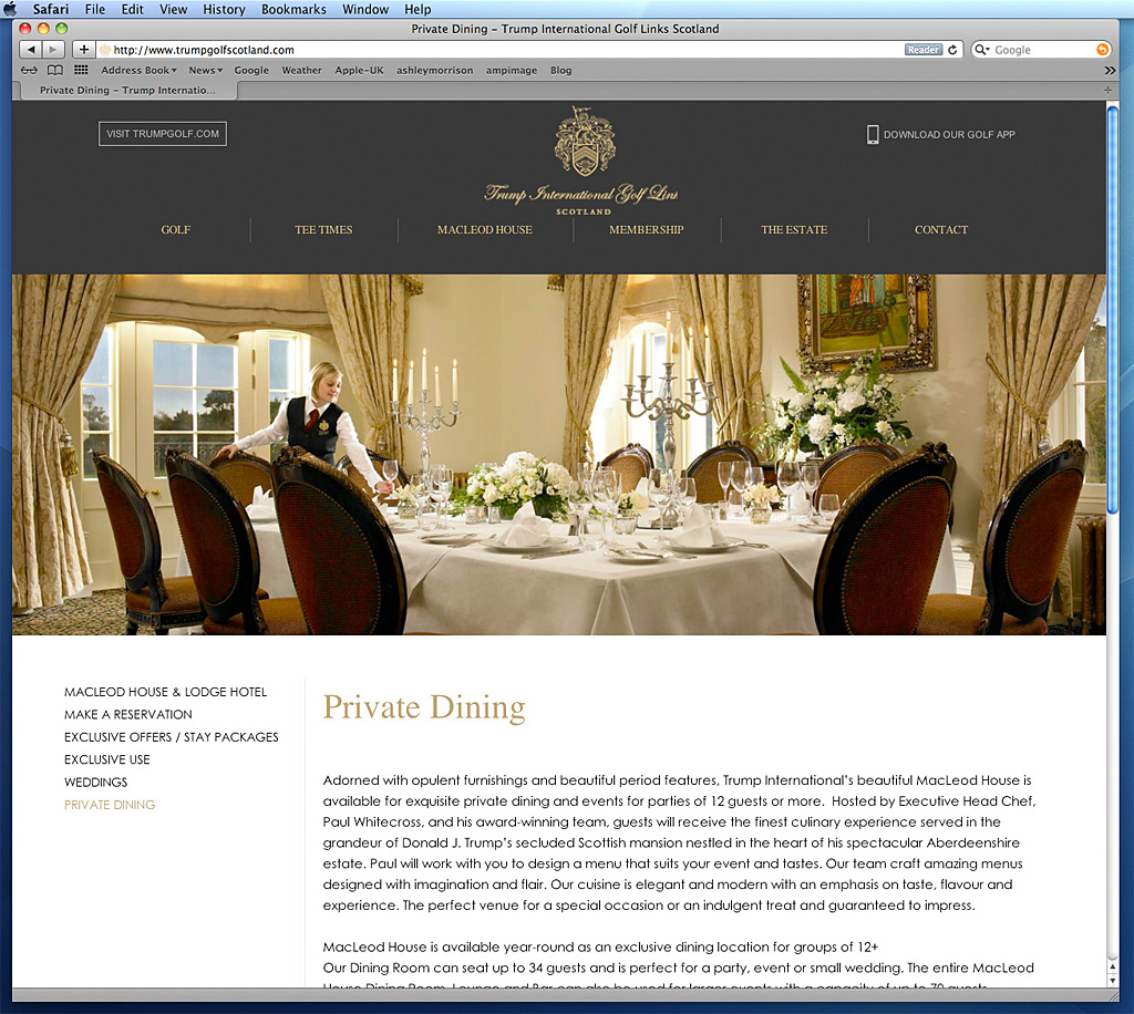Screen shot of the Private Dining page on the website of Trump International Golf Links hotel in Scotland.