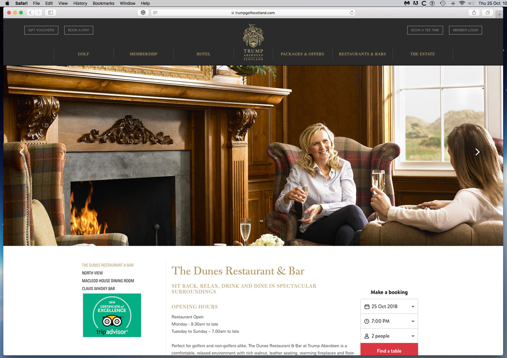 Screen shot of the Dunes Restaurant & Bar page on the website of Trump International Golf Links hotel in Scotland.